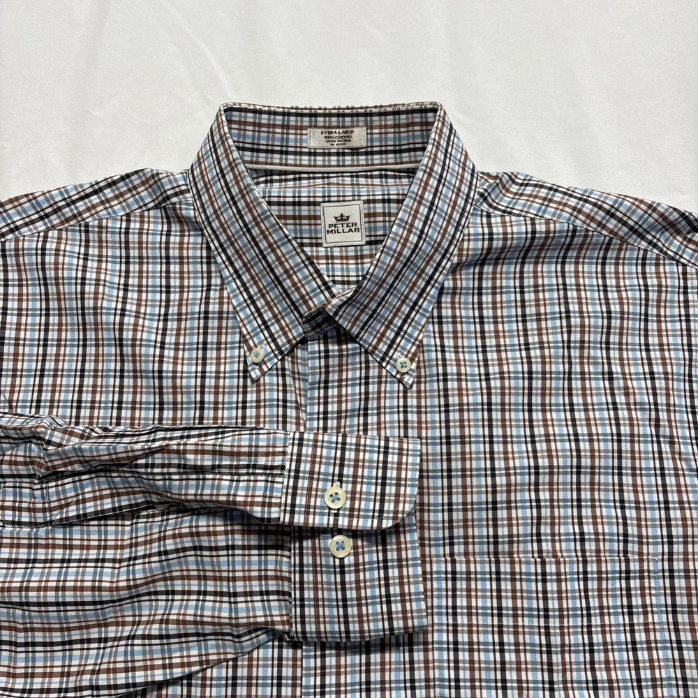 Peter Millar Men's Shirt Size XL Blue Brown Plaid Button Up Long Sleeve Casual